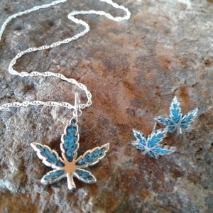 Sterling Silver Vintage Turquoise mosaic inlay Weed NECKLACE SET